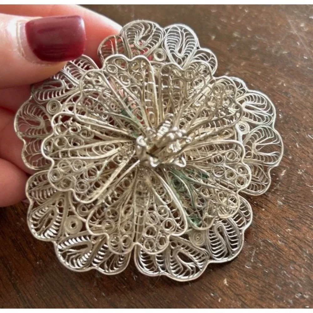 Vintage Filigree Flower Brooch Pin Layered Spun Metal Wire Floral As Is*